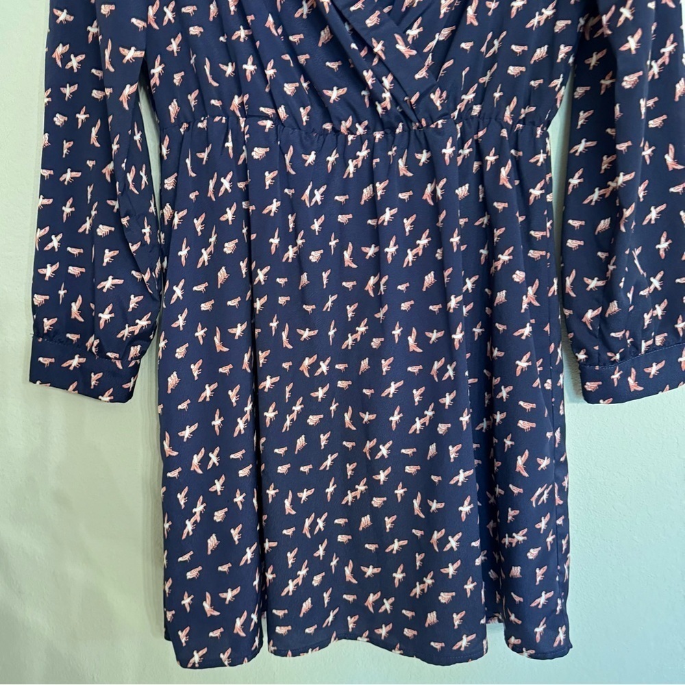Novelty Print Birds Bar III Dress Long Sleeve Navy Blue Size XL Summer Spring - Picture 10 of 16